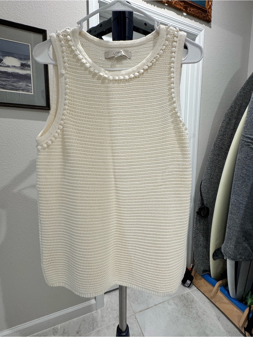 LOFT Cream Knit Pom-Trim Sleeveless Tank